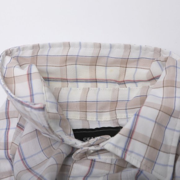 Vintage Sears The Men's Store Plaid Short Sleeve Button Down Shirt White Beige - Picture 7 of 12